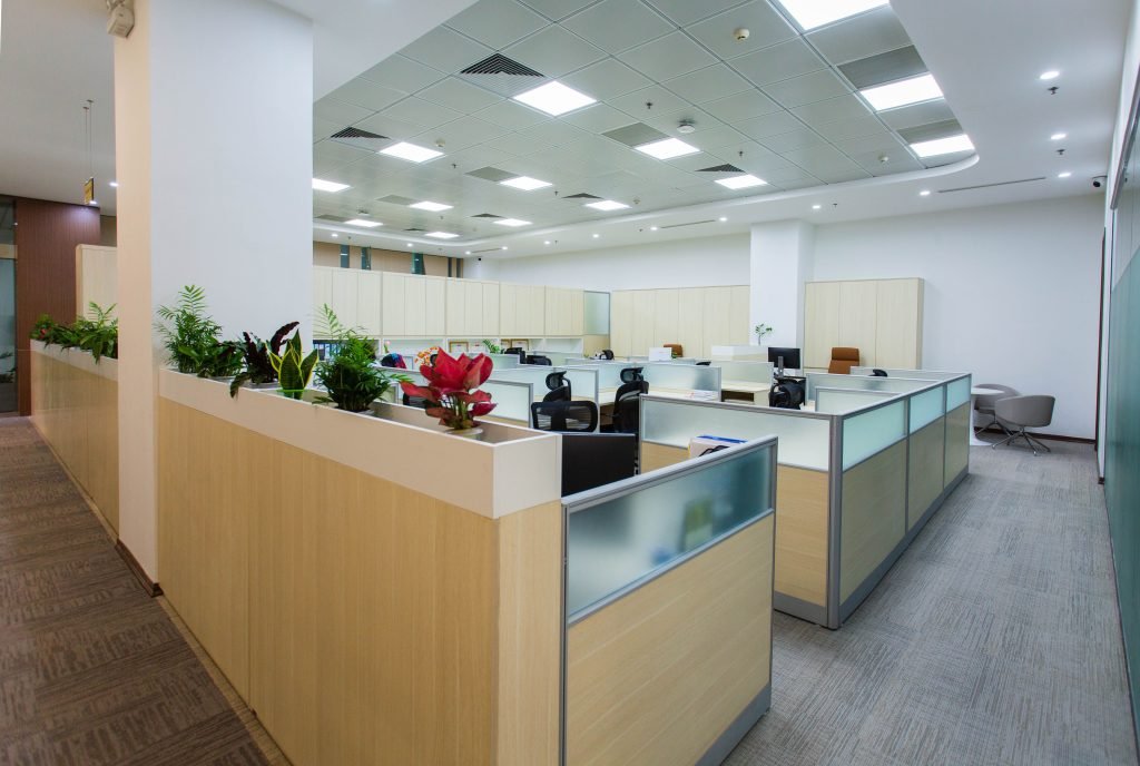Modern open-plan office with cubicle workstations